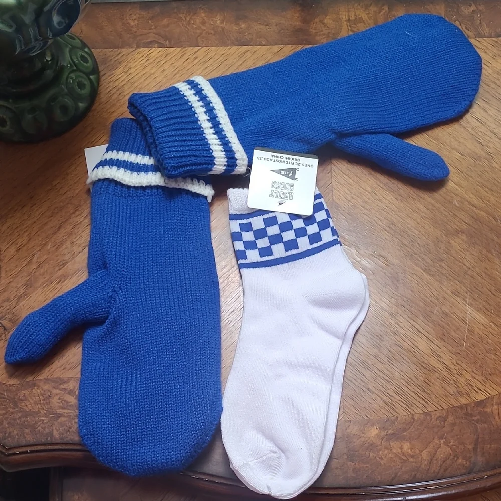 New with tags! Blue and White Warm Mittens with Matching Socks Set